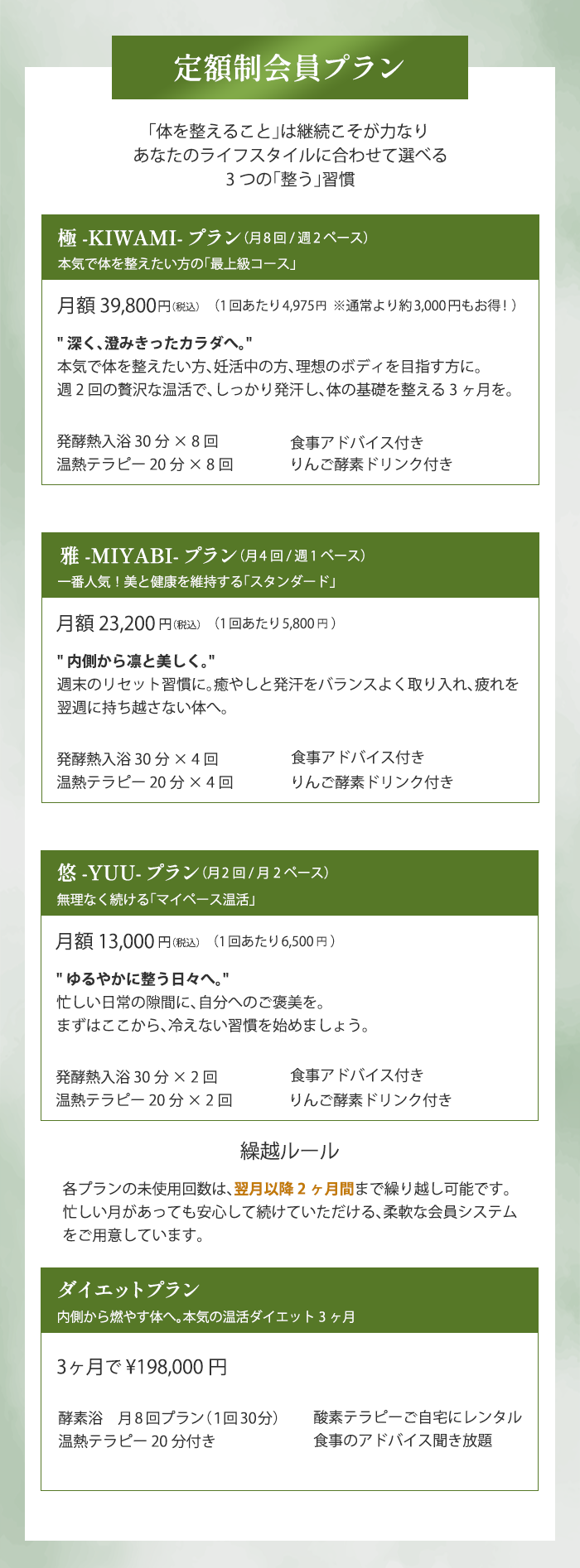 定額制会員プラン - 極・雅・悠プラン・ダイエットプラン